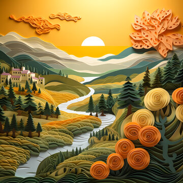 Stunning Valley Landscape: AI-Generated Embossed Papercut Poster Collage. Generative AI. © Uolir