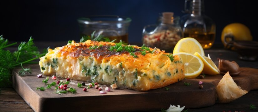 Homemade rustic fish pie on a wooden board with spices, set against a concrete background with textile.