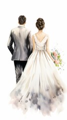 Fototapeta na wymiar Watercolor Just Married Couple Walking Together on White Background AI Generated
