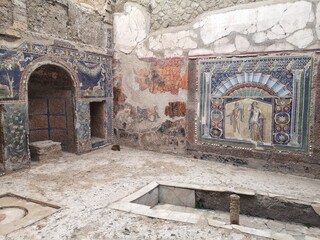 Interior of house in Herculaneum, ancient Roman city buried by Vesuvius