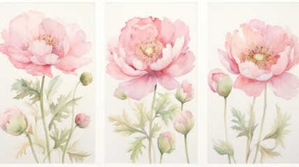 Obraz na płótnie Canvas Set of Three Watercolor Peony Field Blooms AI Generated