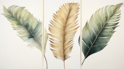Set of Three Serene Watercolor Palm Frond Leaves AI Generated
