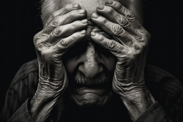 Elderly Man Crying, Senior Mental Health Illustrated in Black and White Portrait