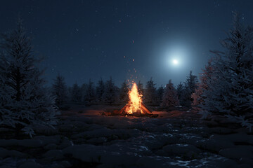 3d rendering of big bonfire with sparks and particles in front of snowy pine trees and moonlight sky. Image produced without the use of any form of AI software