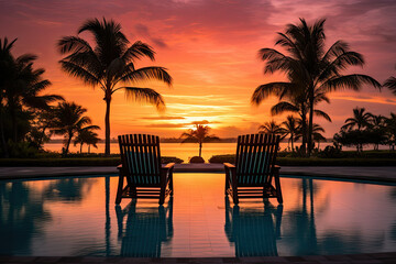 A couple of chairs sitting on top of a swimming pool