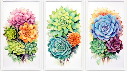 Set of Three Abstract Watercolor Succulent Garden AI Generated