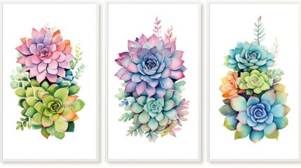 Set of Three Abstract Watercolor Succulent Garden AI Generated