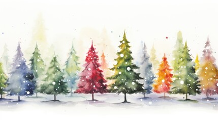 Whimsical Watercolor Christmas Tree Lot with Snow on Treetops AI Generated