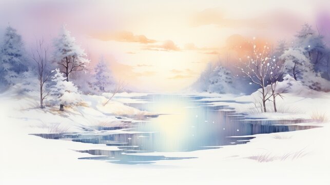 Elegant Watercolor Christmas Lights Reflecting on a Frozen Pond in a Snowy Landscape AI Generated