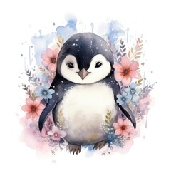 Whimsical Watercolor Baby Penguin Amidst Antarctic Ice AI Generated