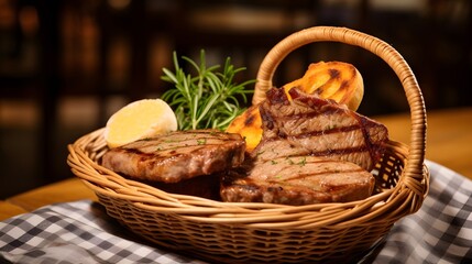 grilled veal chops next to a basket of fresh biscuits