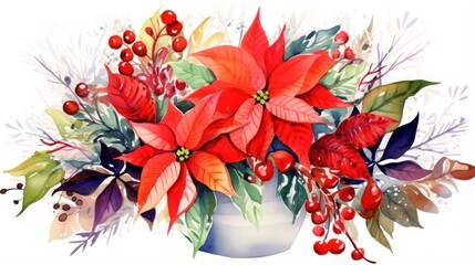 Vibrant Watercolor Holiday Flower Arrangement with Poinsettias, Holly, and Berries on White Background AI Generated