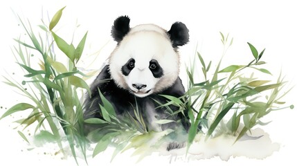 Serene Watercolor Panda Munching Bamboo Leaves AI Generated - obrazy, fototapety, plakaty