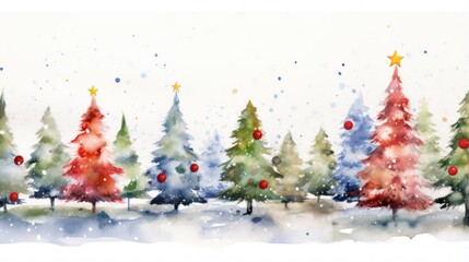 Radiant Watercolor Christmas Tree Farm with Fresh Snow and Colorful Ornaments on White Background AI Generated