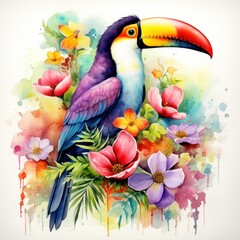 Radiant Watercolor Baby Toucan Amidst Rainforest Trees AI Generated
