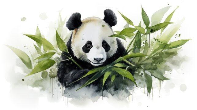 Serene Watercolor Panda Munching Bamboo Leaves AI Generated