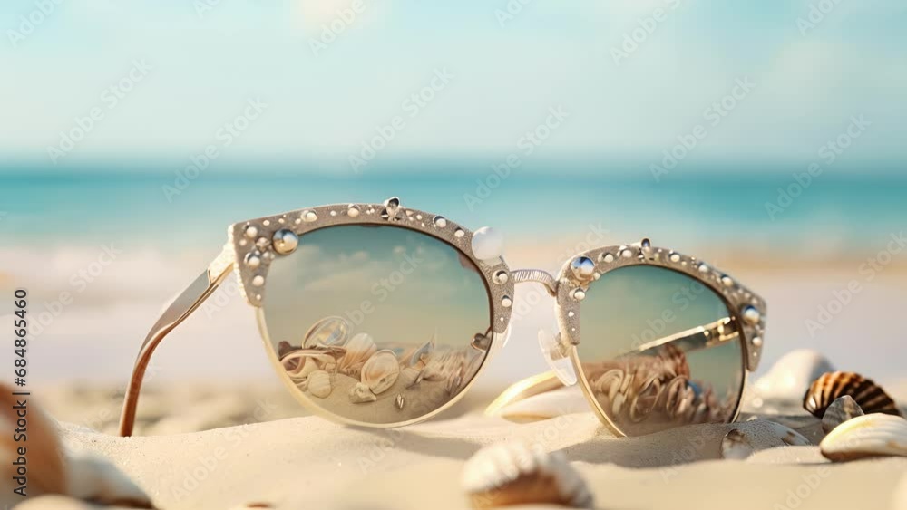 Poster closeup of the hinges of the sunglasses, which are intricately designed with small seashell charms, 