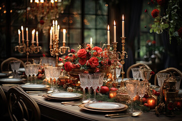 Fototapeta na wymiar A dining room table set with plates and candles