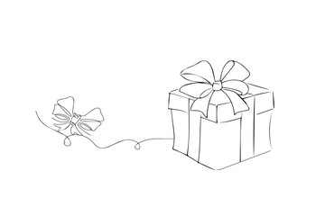 Gift box line art style vector. Wrapped surprise package for Christmas or birthday party. Christmas element vector