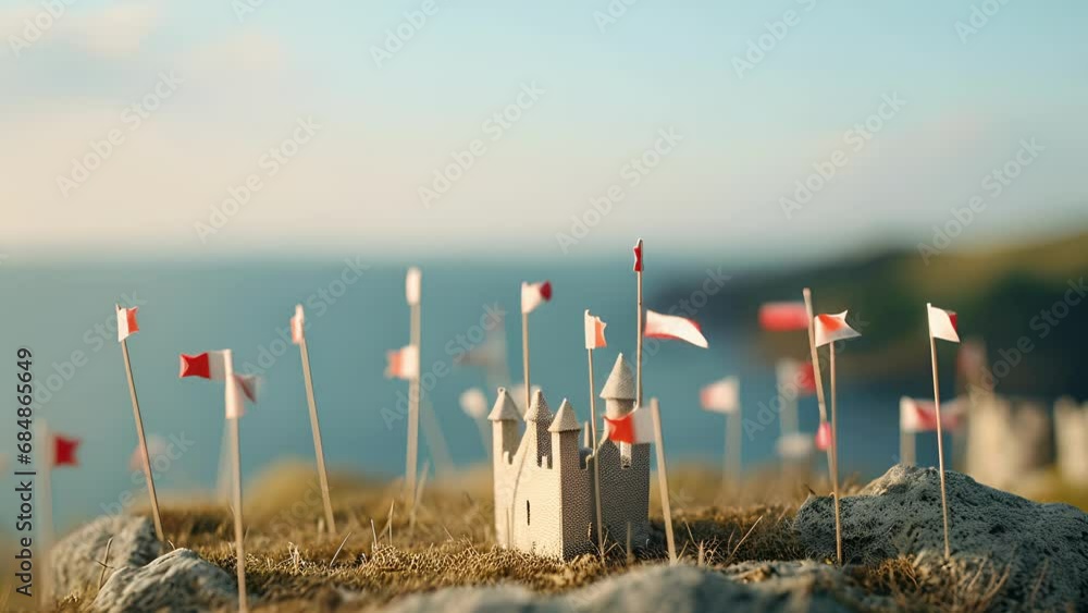 Aufkleber at the top of the castle, tiny flags made from toothpicks and paper flutter in the breeze, adding a 