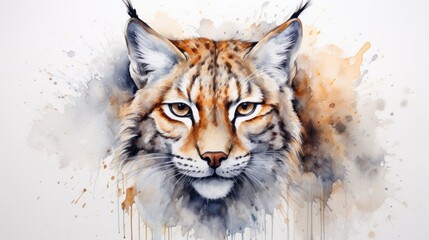 Expressive Watercolor Lynx with Ears and Tufted Eyes on a Sharp White Background AI Generated