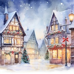 Enchanting Winter Village Square with Twinkling Christmas Lights AI Generated