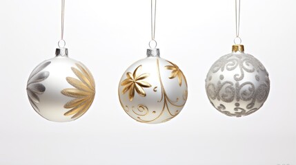 Elegant Watercolor Gold and Silver Christmas Ornaments Hanging with Delicate Ribbons on White Background AI Generated