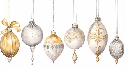 Elegant Watercolor Gold and Silver Christmas Ornaments Hanging with Delicate Ribbons on White Background AI Generated