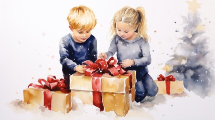 Fototapeta na wymiar Delightful Children Opening Christmas Gifts Under Twinkling Tree AI Generated