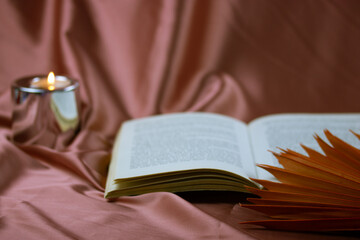 Candlelight reading. Home decor, dry palm leaf on terra cotta silky tablecloth. An open paper book...