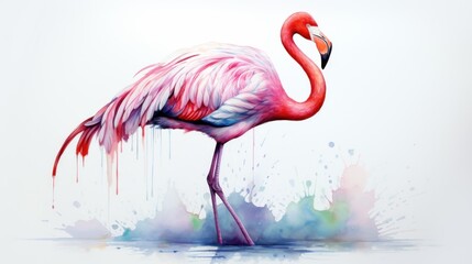 Graceful Watercolor Flamingo with One Leg Raised on Soft White Background AI Generated