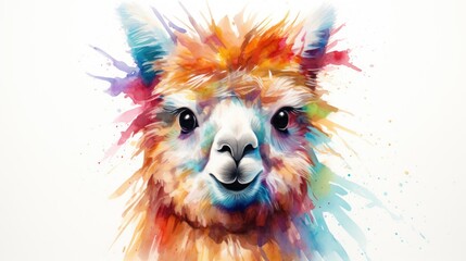 Artful Watercolor Llama Fur Chewing Calmly on White Background AI Generated