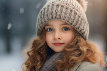 Smiling little girl in frosty snowy winter park. Sunny day with flying snowflakes. Joyful cute child having fun. Happy teenage girl in the snow