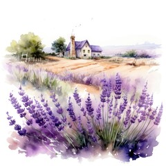 Aesthetic Watercolor Farmstead Surrounded by Blooming Lavender and Roses AI Generated