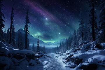 A snow covered road with trees and a sky filled with stars