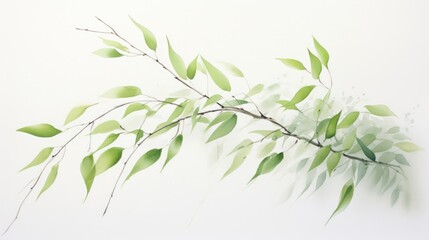A Serene Watercolor Depiction of a Willow Branch with Gentle Swaying Leaves AI Generated