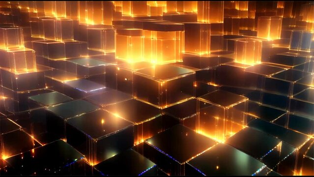 a grid of numerous cubes emitting light, with each cube radiating a warm orange glow from within. This arrangement symbolizes the complexity of digital networks and information technology.