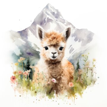 Adventurous Watercolor Baby Alpaca Amidst Mountain Meadows AI Generated