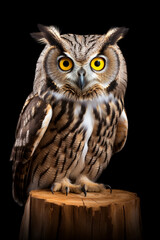 a brown and white owl sitting on top of a tree stump