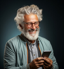Senior man, portrait and phone for social media app, internet and website on color background mockup. Face, smile and happy pensioner with mobile technology for influencer blog post in house with bok
