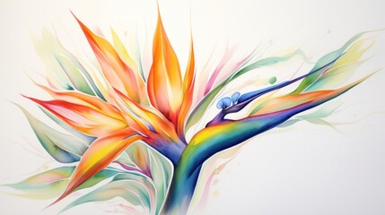 Exotic Watercolor Bird of Paradise on White Background AI Generated