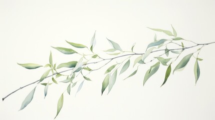 A Serene Watercolor Depiction of a Willow Branch with Gentle Swaying Leaves AI Generated
