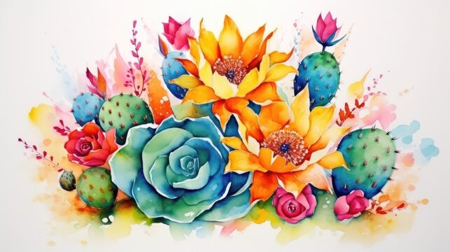 Vivid Watercolor Cactus with Flowering Buds AI Generated AI Generated