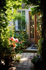 Fototapeta na wymiar Backyard garden with door at soft summerday