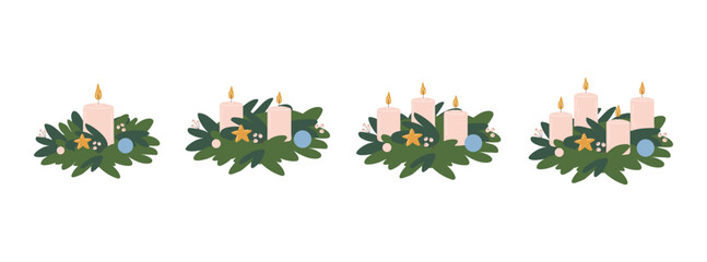 Advent wreaths set with candles.Vector illustration in flat style