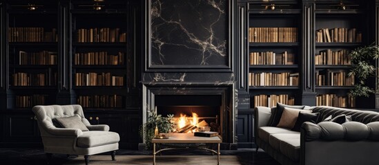 Luxurious residence with stylish library and elegant black marble fireplace.
