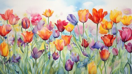 Fototapeta na wymiar Vibrant Watercolor Tulip Field: A Beautiful Array of Blending Colors AI Generated