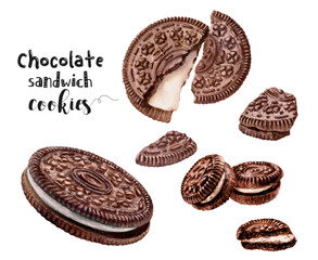 Watercolor illustration of chocolate sandwich cookies dessert close up. Design template for packaging, menu, postcards.  PNG