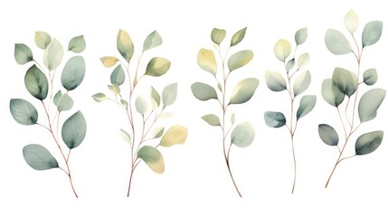 Watercolor eucalyptus branches set. Hand painted illustration. Generative AI