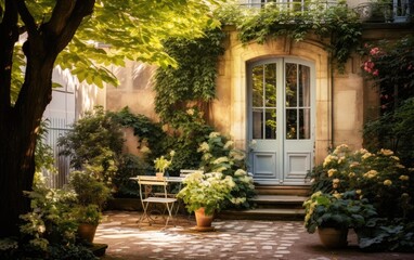 Fototapeta na wymiar Backyard garden with door at soft summerday